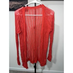 Red open-front crochet knit cardigan sweater Womens sz L
